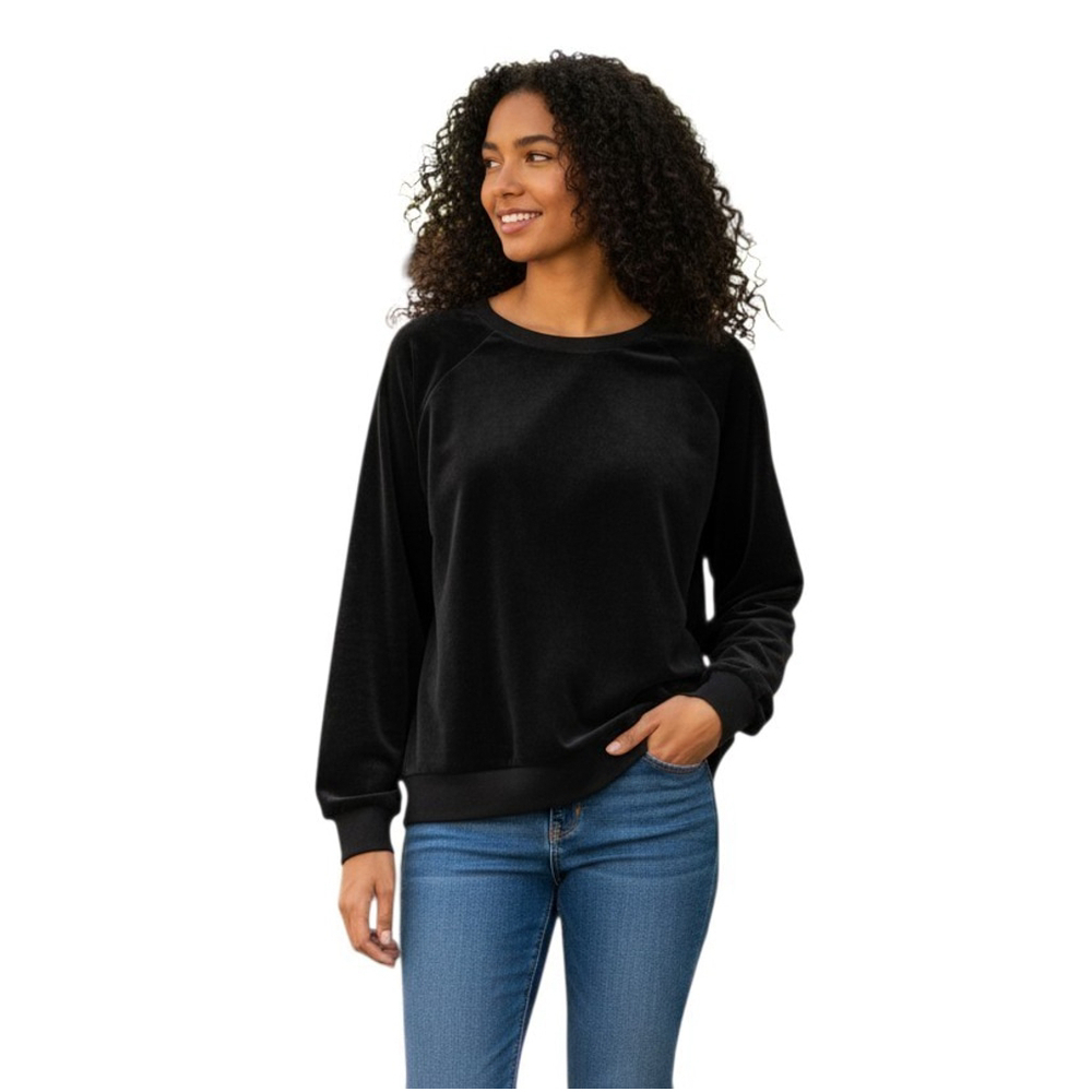 Joe's Women Velour Crewneck Long-Sleeve Black Top Size Small Excellent Condition